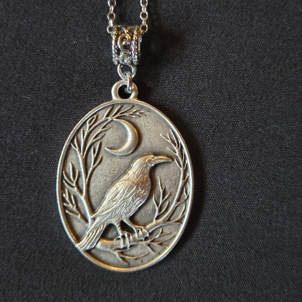 Silver Raven and Moon Pendant Necklace - Picture 5 of 7